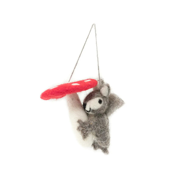 Handmade Felt Toadstool Squirrel Hanging Woodland Decoration