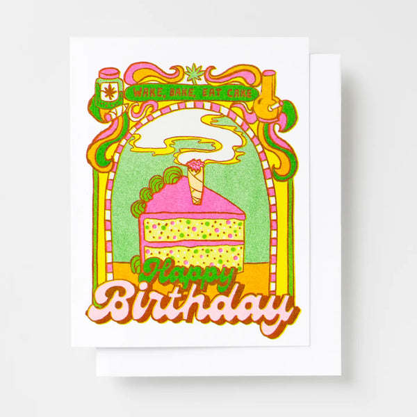 Happy Birthday Wake Bake Eat Cake Risograph Card